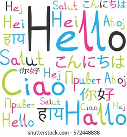 Hello all languages white background pattern rainbow freindship italic