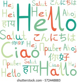 Hello all languages white background pattern green freindship italic