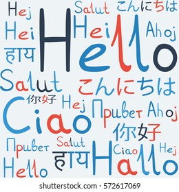 Hello all languages white background pattern blue and red freindship italic