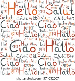Hello all languages white background pattern orange friendship 4 italic