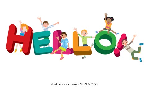 Hola a los estudiantes de primaria con alfabeto y multirracial