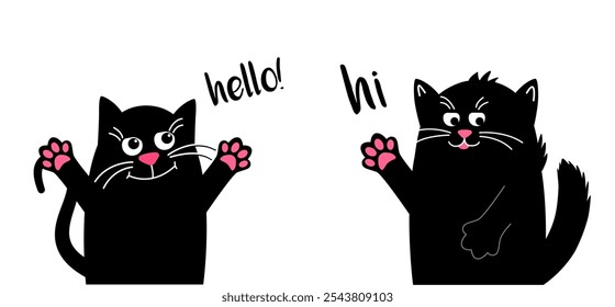 Hola, contestó.  Gato lindo en casa. gato negro.   Ilustración vectorial en un estilo plano. Para imprimir en taza, camisetas o tarjeta de felicitación.  