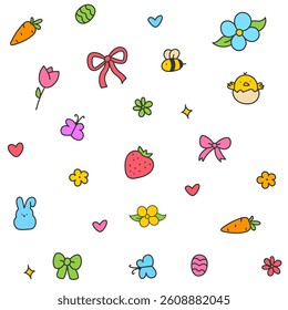 Hello April . Cute set of spring elements. Birds, flowers, insects, leaves.  flowers in bloom, geese and rabbits, vintage style, vector design. Happy Easter poster. Easter eggs and bunny in flowers 