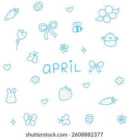 Hello April . Cute set of spring elements. Birds, flowers, insects, leaves.  flowers in bloom, geese and rabbits, vintage style, vector design. Happy Easter poster. Easter eggs and bunny in flowers 