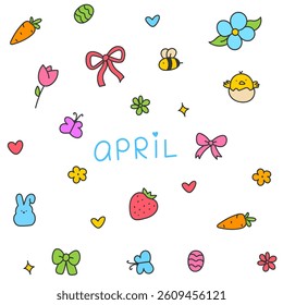 Hello April. Cute set of spring elements. Birds, flowers, insects, leaves.  flowers in bloom, geese and rabbits, vintage style, vector design. Happy Easter poster. Easter eggs and bunny in flowers 