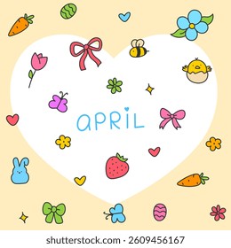 Hello April . Cute set of spring elements. Birds, flowers, insects, leaves.  flowers in bloom, geese and rabbits, vintage style, vector design. Happy Easter poster. Easter eggs and bunny in flowers 