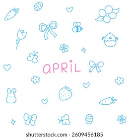 Hello April . Cute set of spring elements. Birds, flowers, insects, leaves.  flowers in bloom, geese and rabbits, vintage style, vector design. Happy Easter poster. Easter eggs and bunny in flowers 