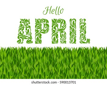 Hello APRIL. Decorative Font made in swirls and floral elements isolated on a white background