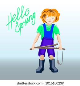 Hello April! Figure of a small red-headed boy in rubber boots with a slingshot. Funny baby.