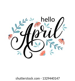 Hello April. Handwritten lettering with chamomile flowers. Season vector as poster, postcard, greeting card, invitation template. Concept April advertising for print, calendar, offers design. 