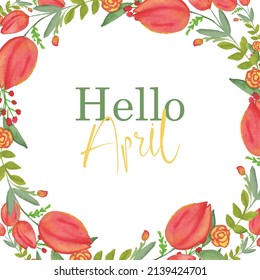 Hallo-April-Illustration mit eingerahmten roten Blumen