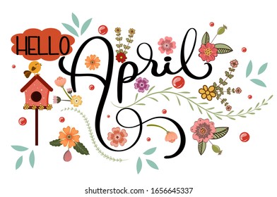 Hello April. April month vector with flowers and leaves. Decoration floral. Illustration month April