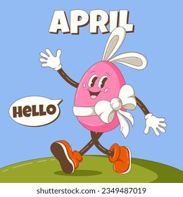 Hello April. Retro groovy easter egg character with bunny ears and bow greets and walks. Spring background, square format, dialog box. Happy Easter. Vector cartoon illustration.