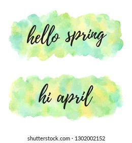 Hello april spring vector watercolor illustrations. Banner, uneven rectangle shapes. Typographic composition. Painted nature, Easter, eco background. Watercolour green, yellow texture with stains. 