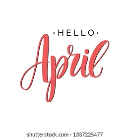 Hello april vector script lettering. Dandelions and daisy flowers. Hand written design element for card, poster. Modern calligraphy for spring design. Floral design elements.