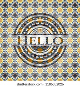 Hello arabic badge background. Arabesque decoration.