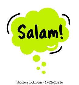 Hola, en árabe, Salam. Burbuja del discurso. Burbujas de palabras de garrapatas. El pensamiento verde brillante burbuja. Estilo de doodle de ilustración vectorial. 