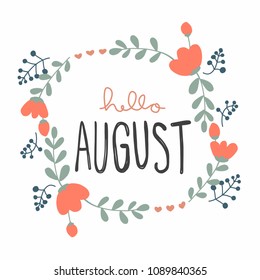 Hello August cute flower wreath vector illustration doodle style