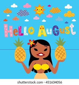 Hello August greeting card with beautiful hula girl