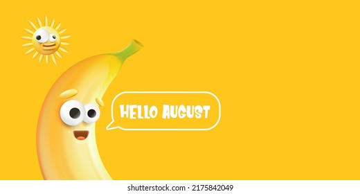 hallo August horizontale Banner mit Cartoon Sonne und funky Banana Charakter einzeln auf sommerorangefarbenem Hintergrund. Horizontale Vektor 3d-Hallo-Szene, Poster, Flyer, Banner und Hintergrund