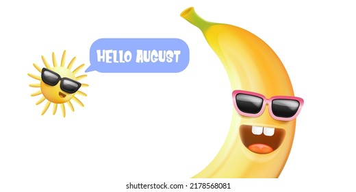 hola Banner horizontal de agosto con caricatura solar y personaje de banana funky aislado en el fondo blanco de verano. Vector 3d hola horizontal august escena, afiche, volante, banner y fondo