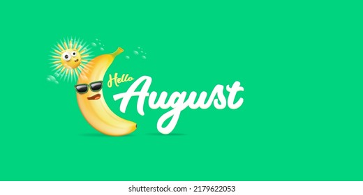 hola Banner horizontal de agosto con caricatura solar y personaje de banana funky aislado en el fondo verde de verano. Vector 3d hola horizontal august escena, afiche, volante, banner y fondo