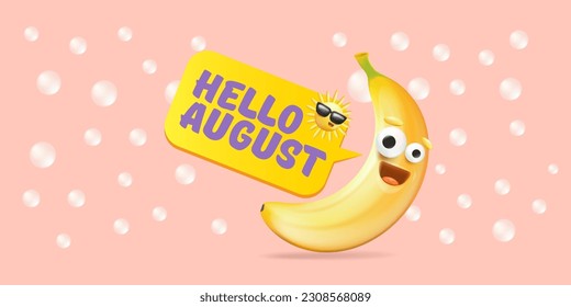 hello August horizontal banner with cartoon sun and funky banana character isolated on summer pink background. Vector 3d clay horizontal hello august scene, poster, flyer, banner and background