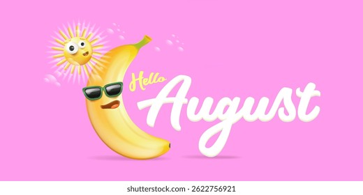hola Anuncio Horizontal de agosto con sol de dibujos animados y personaje de banana funky aislado sobre fondo rosa de verano. Vector 3D arcilla Horizontal hola augusto escena, cartel, volante, Anuncio y fondo