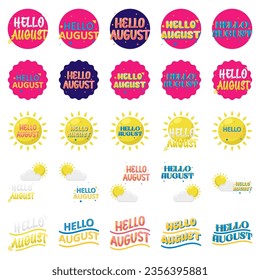 Hello August on a light abstract background. Colorful poster with brush lettering about summer. Clear illustration in retro color style. Vintage colors and shapes.