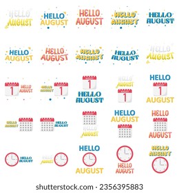 Hello August on a light abstract background. Colorful poster with brush lettering about summer. Clear illustration in retro color style. Vintage colors and shapes.