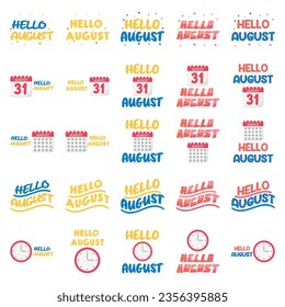 Hello August on a light abstract background. Colorful poster with brush lettering about summer. Clear illustration in retro color style. Vintage colors and shapes.