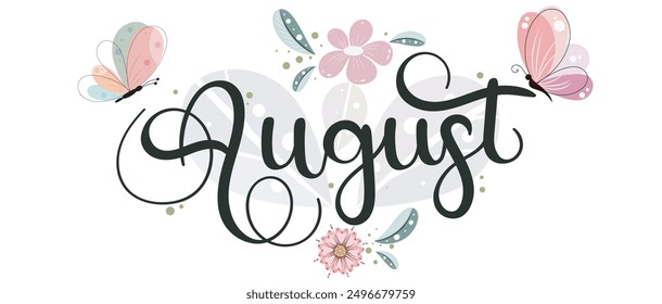Hello August on ornaments. Hello AUGUST month vector with flowers, butterfly and leaves. Decoration floral. Illustration month August	