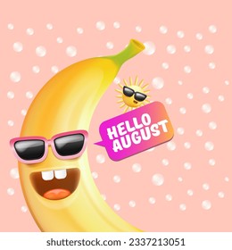 hello August square banner with cartoon sun and funky banana character isolated on summer pink background. Vector 3d horizontal hello august scene, poster, flyer, banner and background