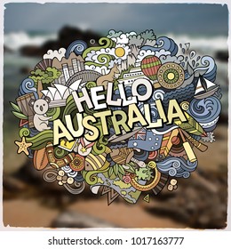 Hello Australia hand lettering and doodles elements and symbols emblem. Vector blurred background