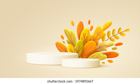 Hello Autumn 3d minimal background with autumn yellow, orange leaves and product podium. 3d Fall leaves background for the design of Fall banners, posters, advertisements, cards, sales. Vector EPS10