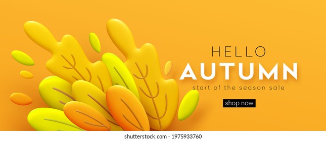Hello Autumn 3d minimal background with autumn yellow, orange leaves background. 3d Fall leaves for the design of Fall banners, posters, advertisements, cards, sales. Vector illustration EPS10