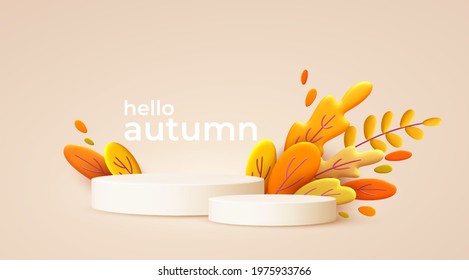 Hello Autumn 3d minimal background with autumn yellow, orange leaves and product podium. 3d Fall leaves background for the design of Fall banners, posters, advertisements, cards, sales. Vector EPS10 - Shutterstock ID 1975933766