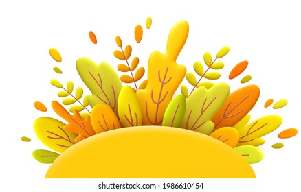 Hello Autumn 3d minimal background with autumn yellow, orange leaves background. 3d Fall leaves for the design of Fall banners, posters, advertisements, cards, sales. Vector illustration EPS10