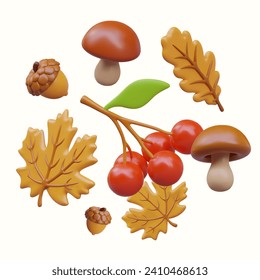 Hello autumn. 3D vector elements outlined in circle. Berries, mushrooms, leaves, acorns. Natural forest decorative items. Isolated seasonal composition