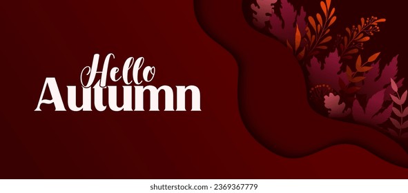 Hello Autumn abstract vector banner with colorful autumn leaves isolated on red background. Design for card, poster, website, advertising, promotion, flyer, invitation