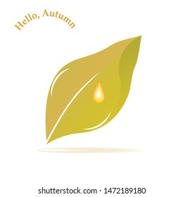 Hello Autumn - abstract yellow leaf, flowing dewdrop - isolated on white background - vector