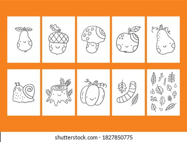 Hello autumn activity coloring page with pumpkin, acorn, snail, leaf, mushroom, pear, worm, stump. Coloring page for kids