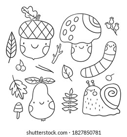 Hello autumn activity coloring page and pumpkin  acorn  snail  leaf  mushroom  pear  worm  stump  Coloring page for kids