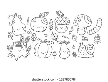 Hello autumn activity coloring page and pumpkin  acorn  snail  leaf  mushroom  pear  worm  stump  Coloring page for kids