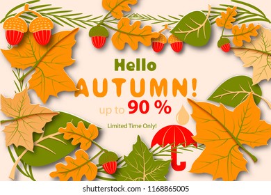 Hello autumn ad for sale. Example layout Fall design template for a poster, flyer or leaflet. Vector illustration