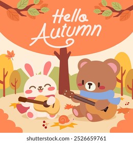 Olá outono com Adoráveis Animais Tocando Violão em uma Floresta de outono. Cute Bear and Bunny Enjoying Music in an Autumn Woodland Scene (em inglês) .