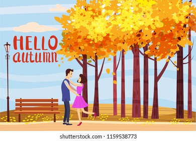 Hello autumn, Autumn alley, couple guy and girl characters walking along the path in the park, fall, autumn leaves, mood, lettering, color, vector, illustration, cartoon style, isolated