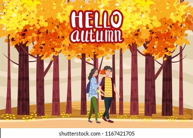 Hello autumn, Autumn alley, couple guy and girl characters walking along the path in the park, fall, autumn leaves, mood, color, vector, illustration, cartoon style, isolated