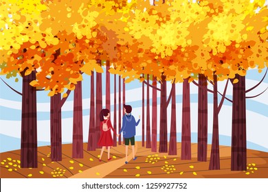 Hello autumn, Autumn alley, couple guy and girl characters walking along the path in the park, fall, autumn leaves, mood, color, vector, illustration, cartoon style, isolated