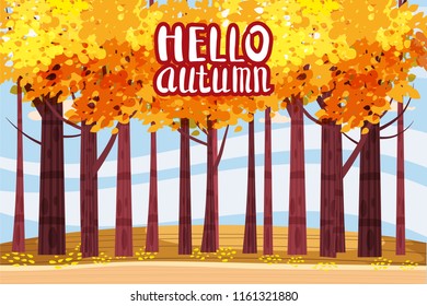Hello autumn, Autumn alley, path in the park, fall, autumn leaves, lettering, mood, color, vector, illustration, cartoon style, isolated